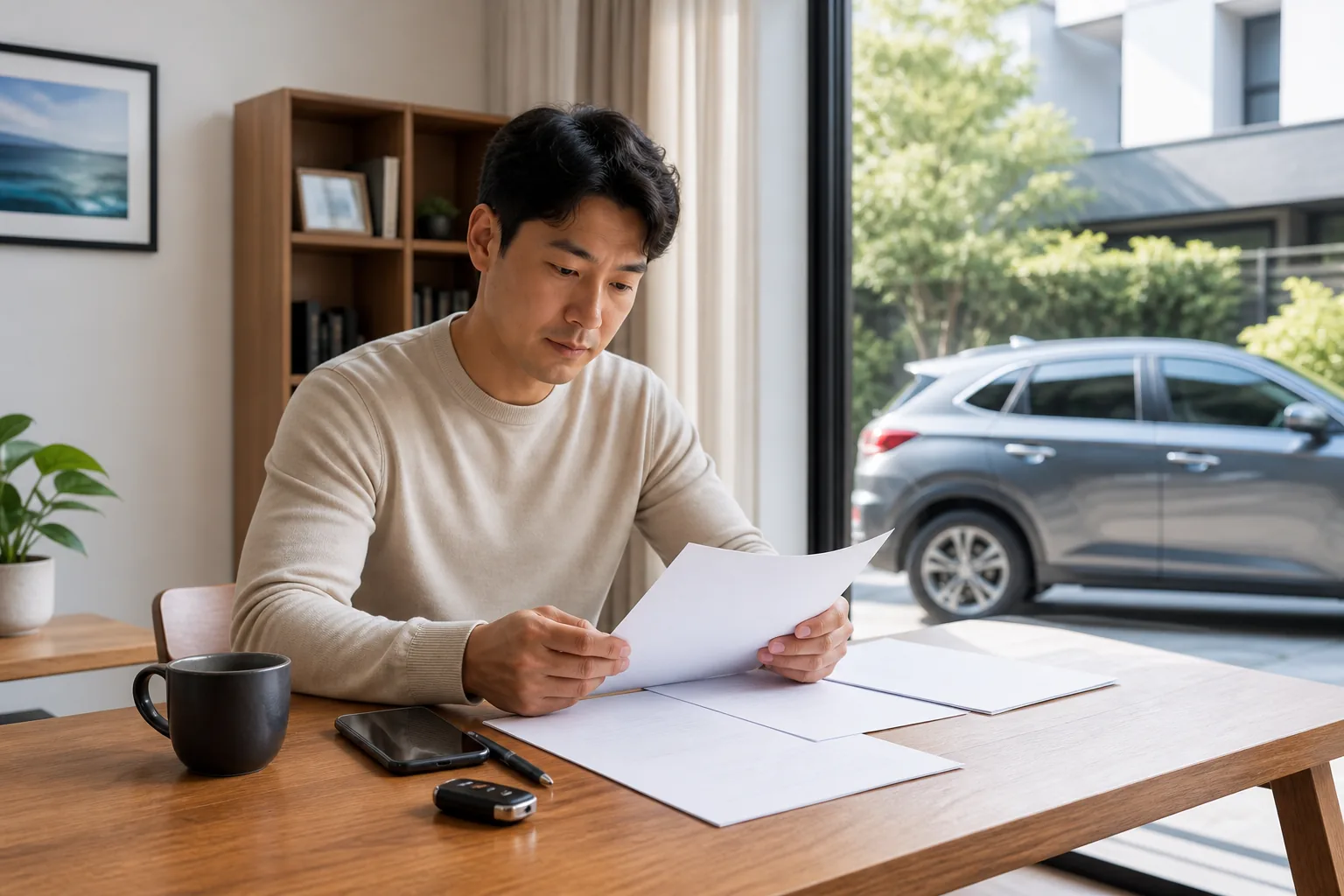 자동차 키와 스마트폰 옆에서 보험 서류의 보장 조건을 확인하는 운전자