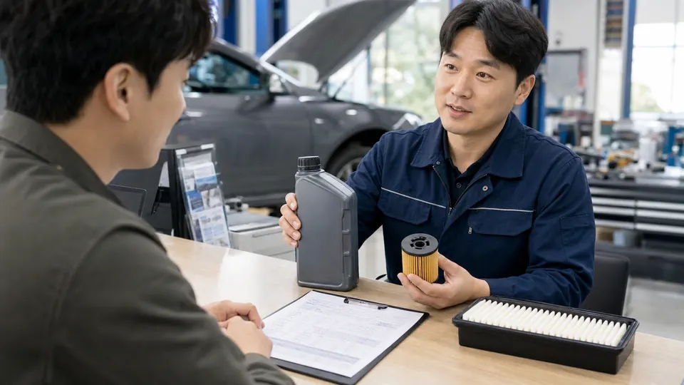정비사가 엔진오일과 오일필터를 보여주며 교환 견적을 설명하는 모습