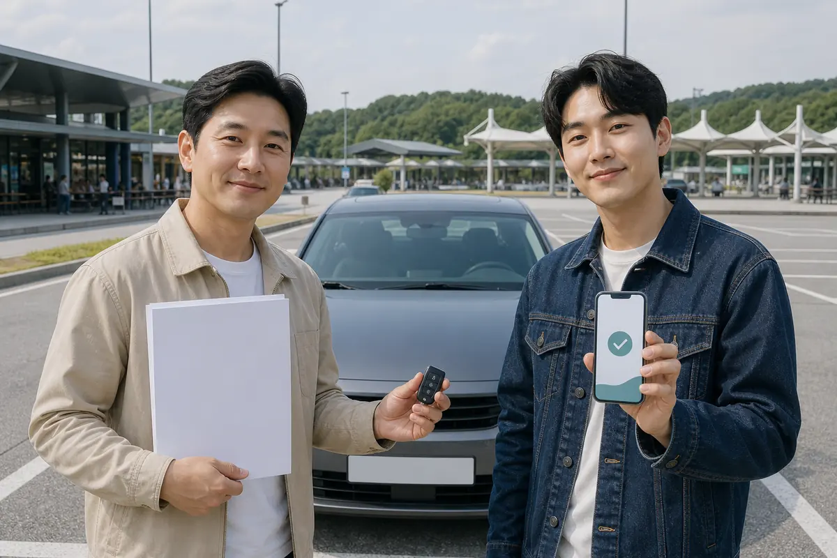 차주의 기존 보험 서류와 운전자의 모바일 단기보험 확인 화면을 비교하는 모습