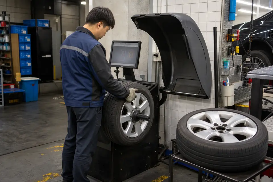 정비사가 휠밸런스 장비에서 타이어를 점검하는 모습